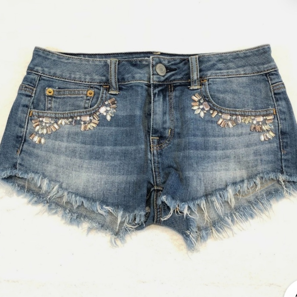 American Eagle Y2K Vintage Rhinestone Embellished Denim Cutoff Shorts 6